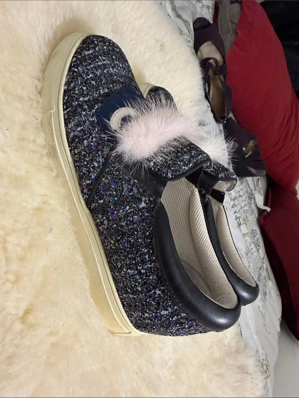 Girls' Glitter Slip-On Sneakers with Pink Faux Fur Trim